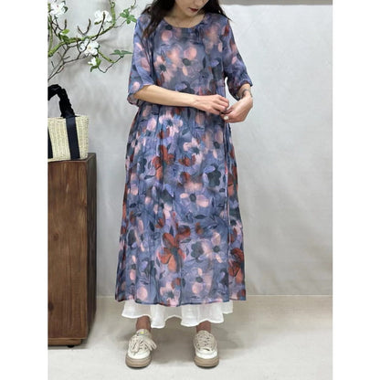 Women Summer Artsy Floral Strap O-Neck Ramie Dress BN1016