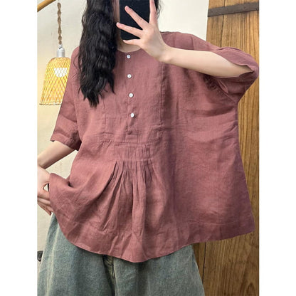 Women Summer Artsy Shirred Button Linen Loose Shirt BN1045