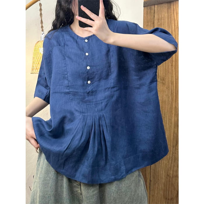 Women Summer Artsy Shirred Button Linen Loose Shirt BN1045