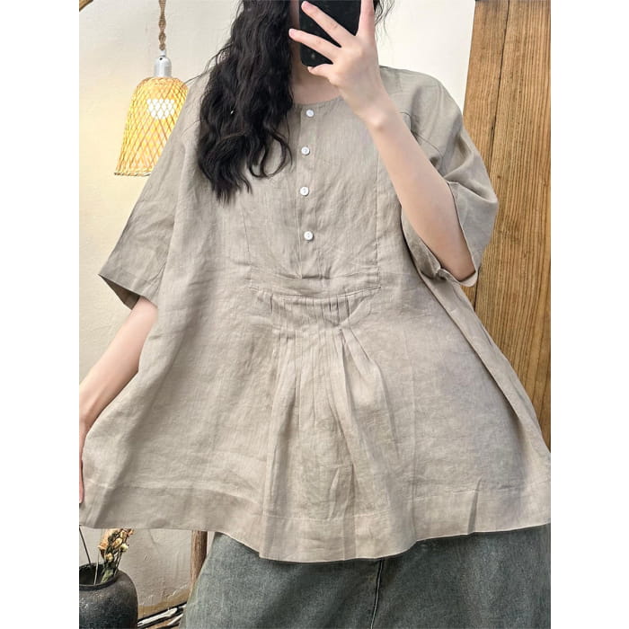 Women Summer Artsy Shirred Button Linen Loose Shirt BN1045