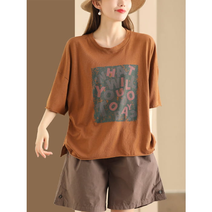 Women Summer Casual Print O-Neck Loose Cotton Shirt BN1020