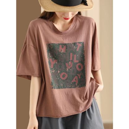 Women Summer Casual Print O-Neck Loose Cotton Shirt BN1020