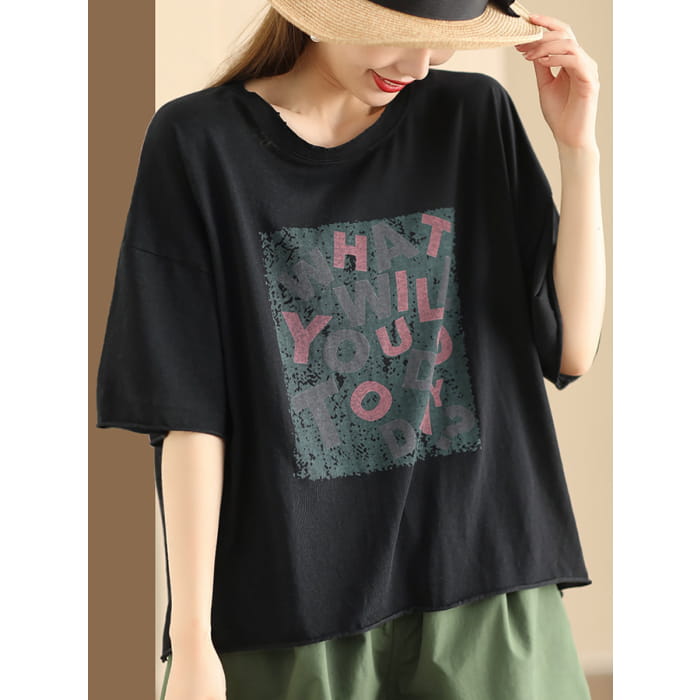 Women Summer Casual Print O-Neck Loose Cotton Shirt BN1020