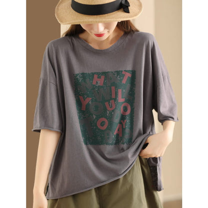 Women Summer Casual Print O-Neck Loose Cotton Shirt BN1020