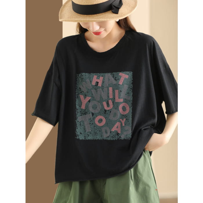 Women Summer Casual Print O-Neck Loose Cotton Shirt BN1020