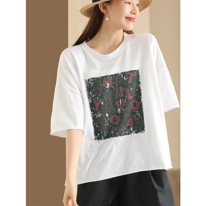 Women Summer Casual Print O-Neck Loose Cotton Shirt BN1020