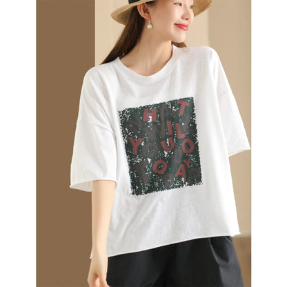 Women Summer Casual Print O-Neck Loose Cotton Shirt BN1020