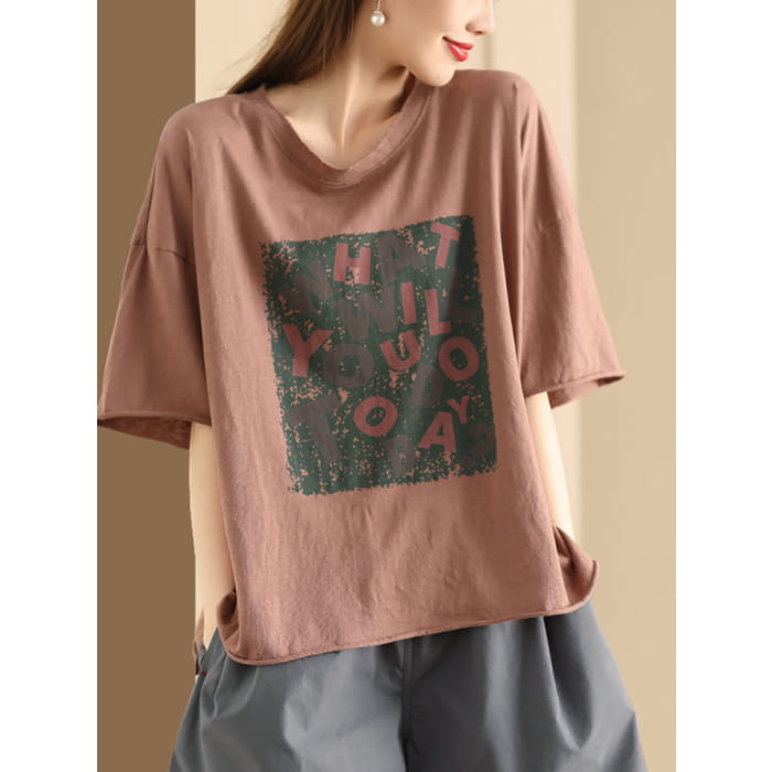 Women Summer Casual Print O-Neck Loose Cotton Shirt BN1020