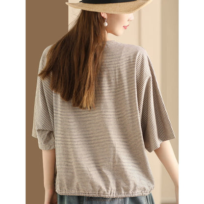 Women Summer Casual Stripe Strap Cotton Shirt BN1043 - Tops