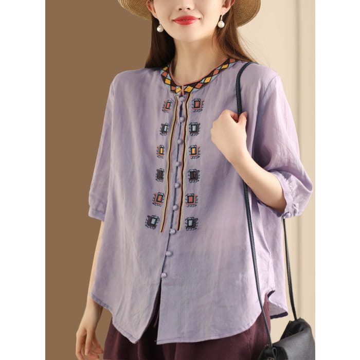 Women Summer Ethnic Embroidery Ramie Shirt BN1039