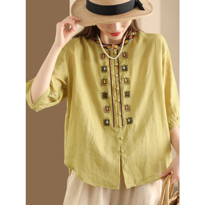 Women Summer Ethnic Embroidery Ramie Shirt BN1039