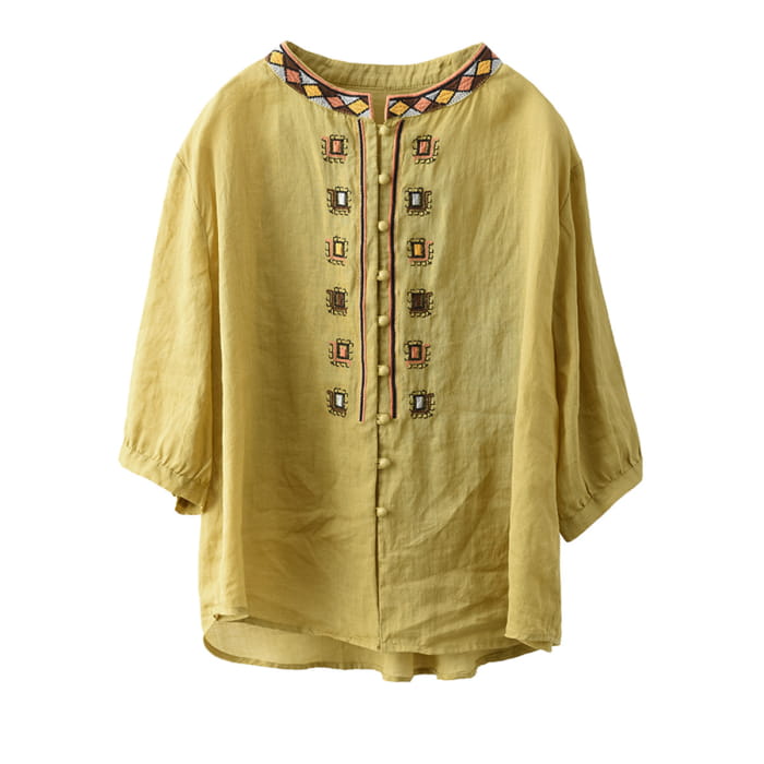 Women Summer Ethnic Embroidery Ramie Shirt BN1039