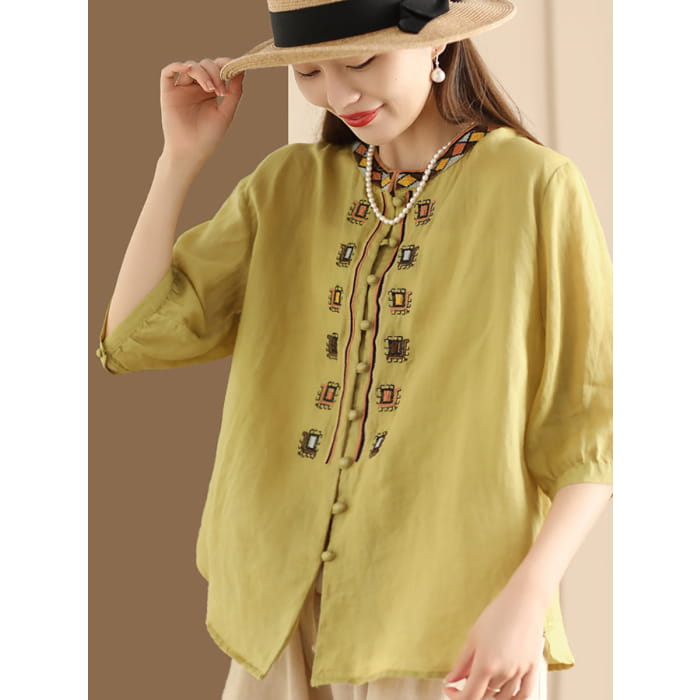 Women Summer Ethnic Embroidery Ramie Shirt BN1039