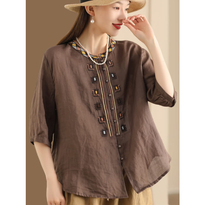 Women Summer Ethnic Embroidery Ramie Shirt BN1039