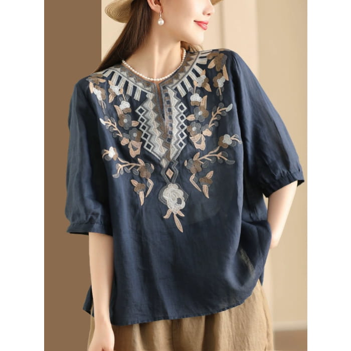 Women Summer Ethnic Flower Embroidery Ramie Shirt BN1009