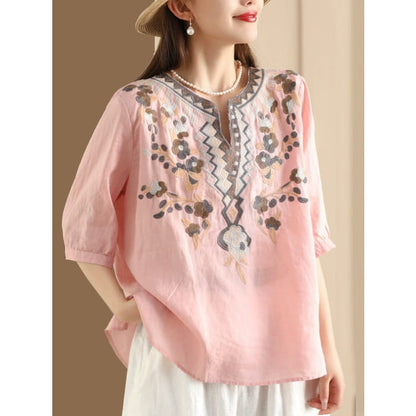 Women Summer Ethnic Flower Embroidery Ramie Shirt BN1009