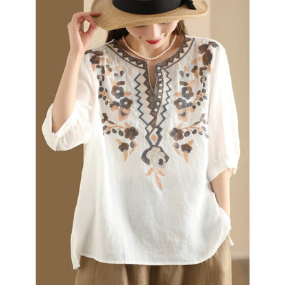 Women Summer Ethnic Flower Embroidery Ramie Shirt BN1009