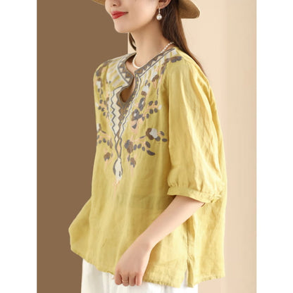 Women Summer Ethnic Flower Embroidery Ramie Shirt BN1009