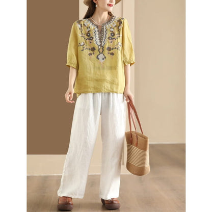 Women Summer Ethnic Flower Embroidery Ramie Shirt BN1009