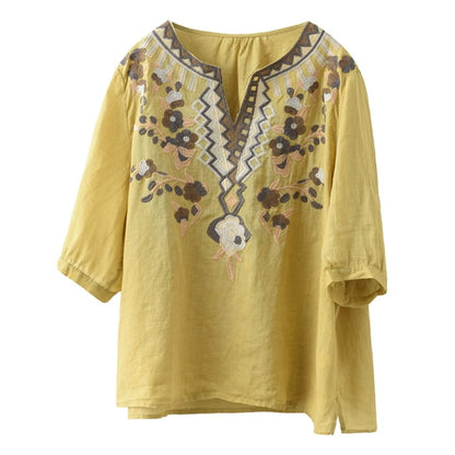 Women Summer Ethnic Flower Embroidery Ramie Shirt BN1009