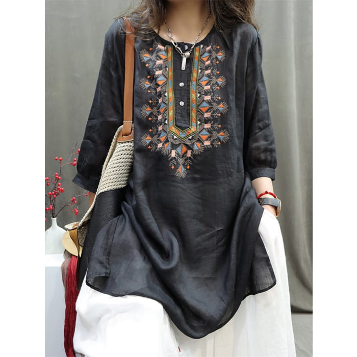 Women Summer Retro Embroidery O-Neck Ramie Shirt BN1037