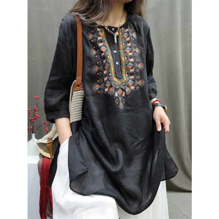 Women Summer Retro Embroidery O-Neck Ramie Shirt BN1037