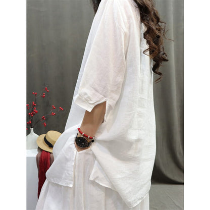 Women Summer Retro Embroidery O-Neck Ramie Shirt BN1037