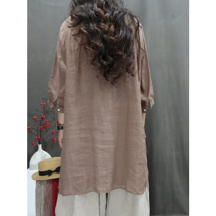 Women Summer Retro Embroidery O-Neck Ramie Shirt BN1037