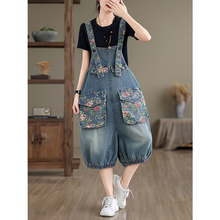 Women Summer Retro Flower Spliced Denim Jumpsuits BN1030