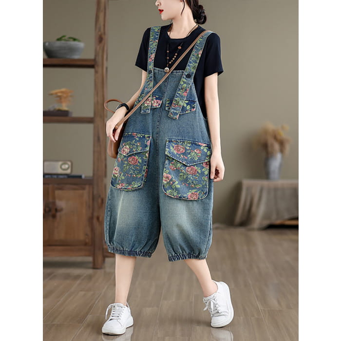 Women Summer Retro Flower Spliced Denim Jumpsuits BN1030