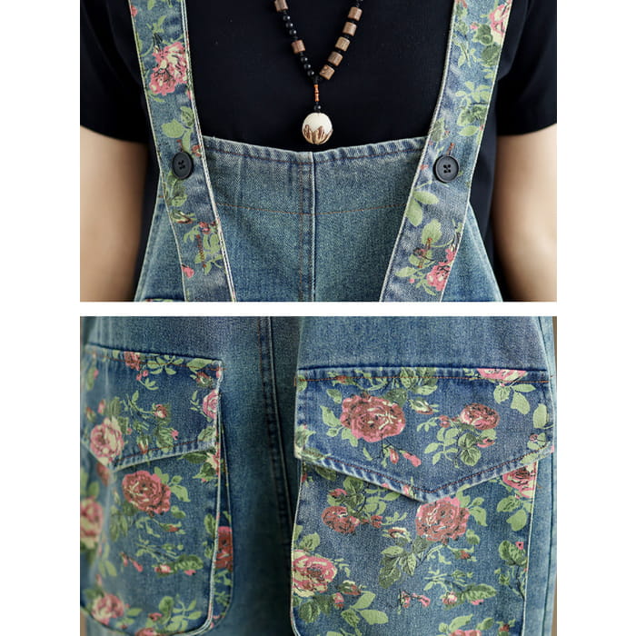 Women Summer Retro Flower Spliced Denim Jumpsuits BN1030