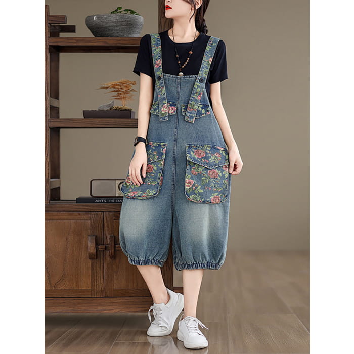 Women Summer Retro Flower Spliced Denim Jumpsuits BN1030