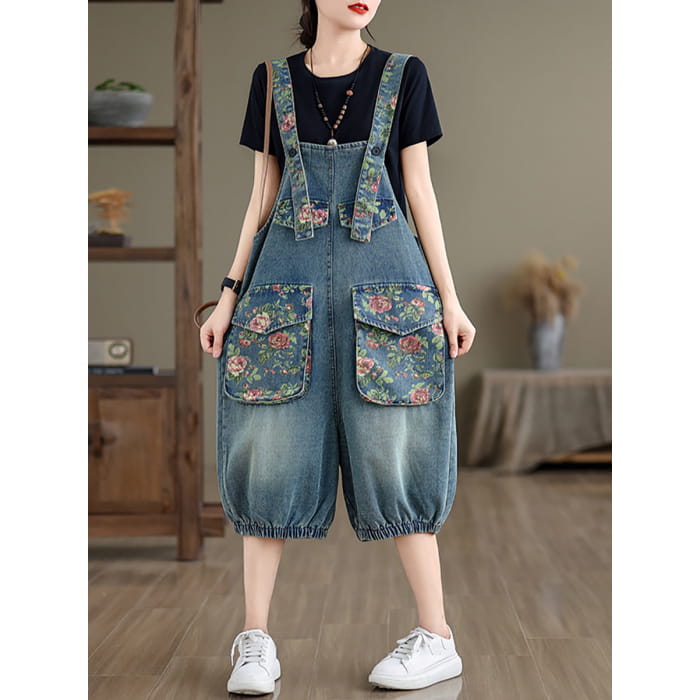 Women Summer Retro Flower Spliced Denim Jumpsuits BN1030