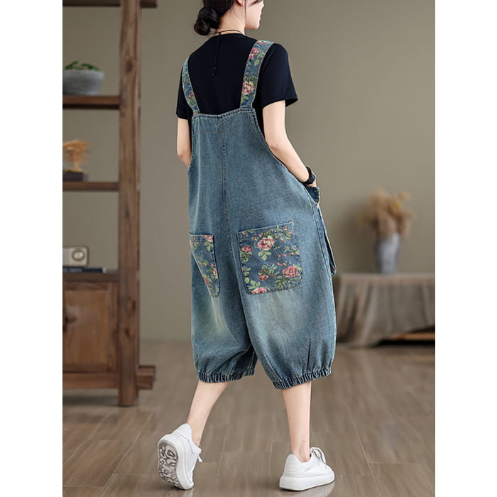 Women Summer Retro Flower Spliced Denim Jumpsuits BN1030