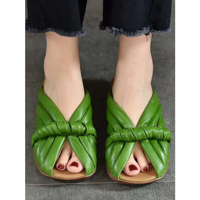 Women Summer Solid Leahter Weave Flat Slippers BN1013