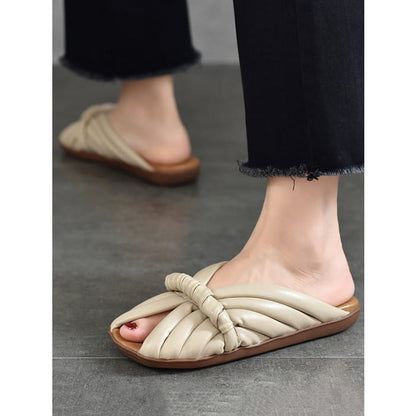 Women Summer Solid Leahter Weave Flat Slippers BN1013