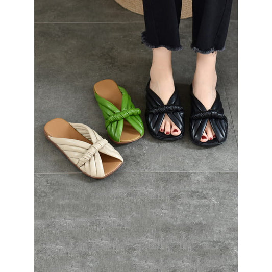 Women Summer Solid Leahter Weave Flat Slippers BN1013
