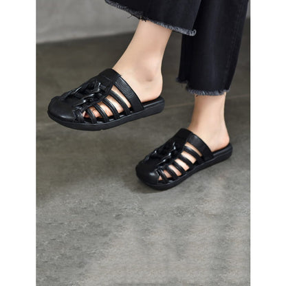 Women Summer Solid Leather Spliced Flat Slippers BN1002