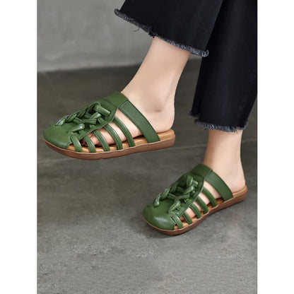 Women Summer Solid Leather Spliced Flat Slippers BN1002