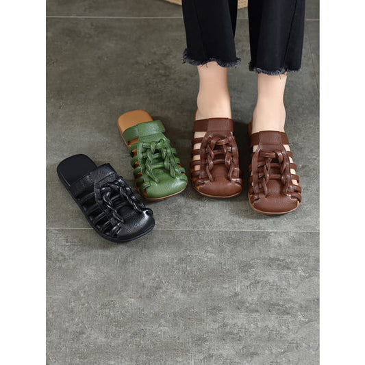 Women Summer Solid Leather Spliced Flat Slippers BN1002