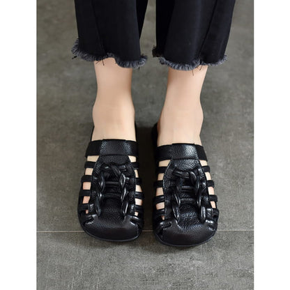 Women Summer Solid Leather Spliced Flat Slippers BN1002