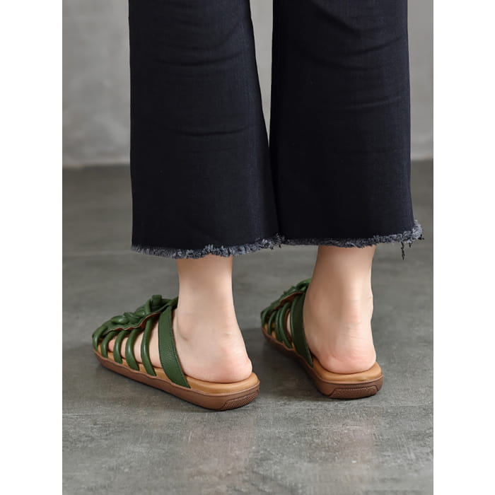 Women Summer Solid Leather Spliced Flat Slippers BN1002