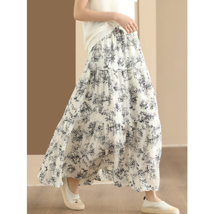 Women Summer Vintage Floral Cotton Loose Skirt BN1017