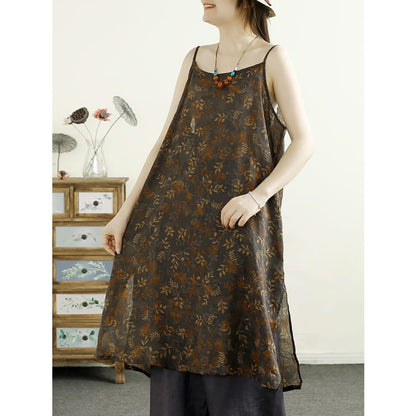 Women Summer Vintage Flower Ramie Vest Dress BN1035