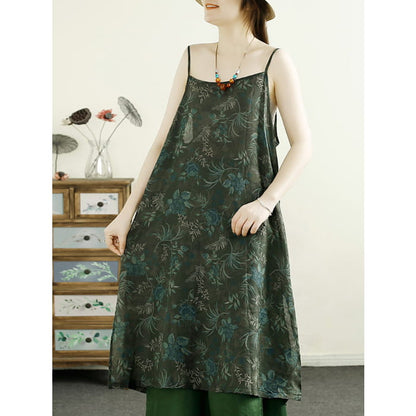 Women Summer Vintage Flower Ramie Vest Dress BN1035