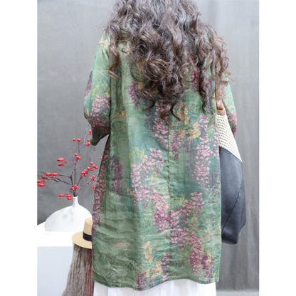 Women Summer Vintage Flower V-Neck Ramie Long Shirt BN1036