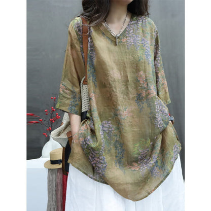 Women Summer Vintage Flower V-Neck Ramie Long Shirt BN1036