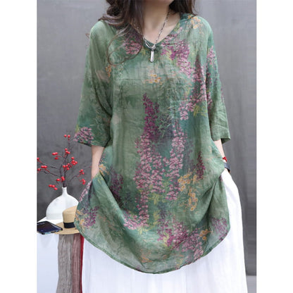 Women Summer Vintage Flower V-Neck Ramie Long Shirt BN1036