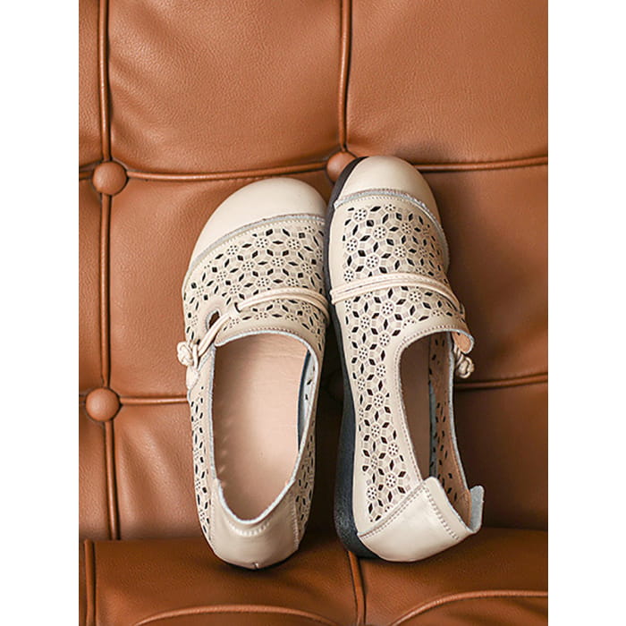 Women Summer Vintage Leather Cutout Soft Flat Shoes BN1038