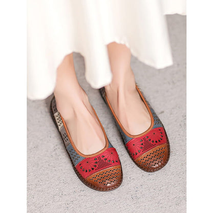 Women Summer Vintage Leather Spliced Cutout Shoes BN1018